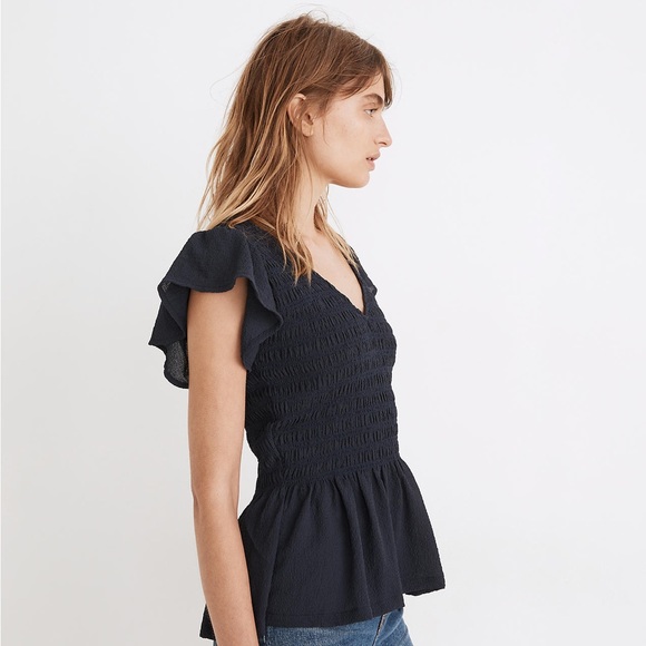 Madewell Flutter Sleeve Smocked Top EUC Size S Navy Blue - Picture 6 of 9